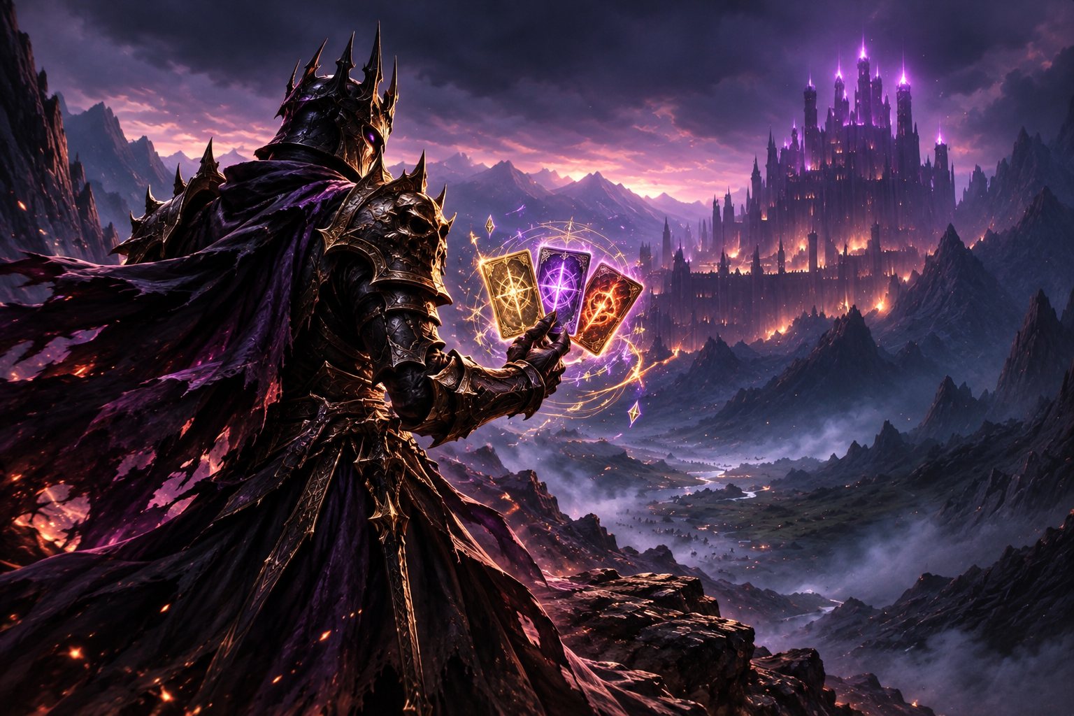 Armored shadow champion holding glowing magical cards before a violet-lit citadel